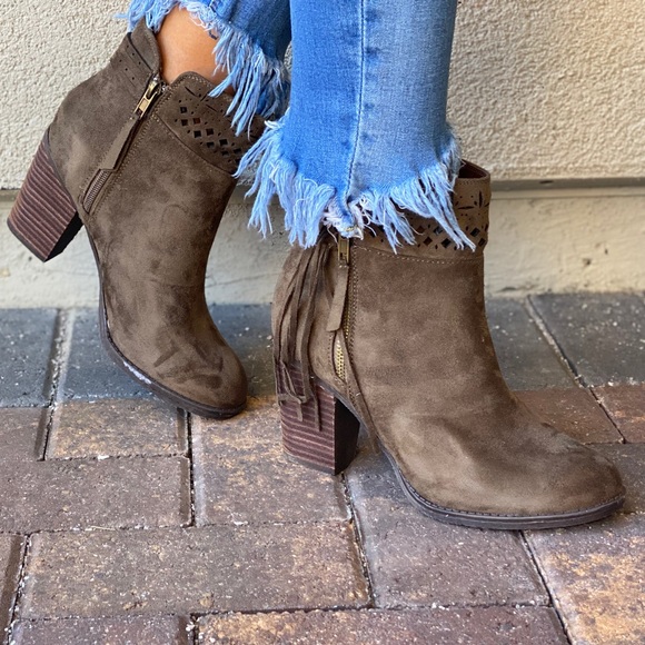Military Green Fringe Laser Cut Block Heel Booties - Picture 8 of 10